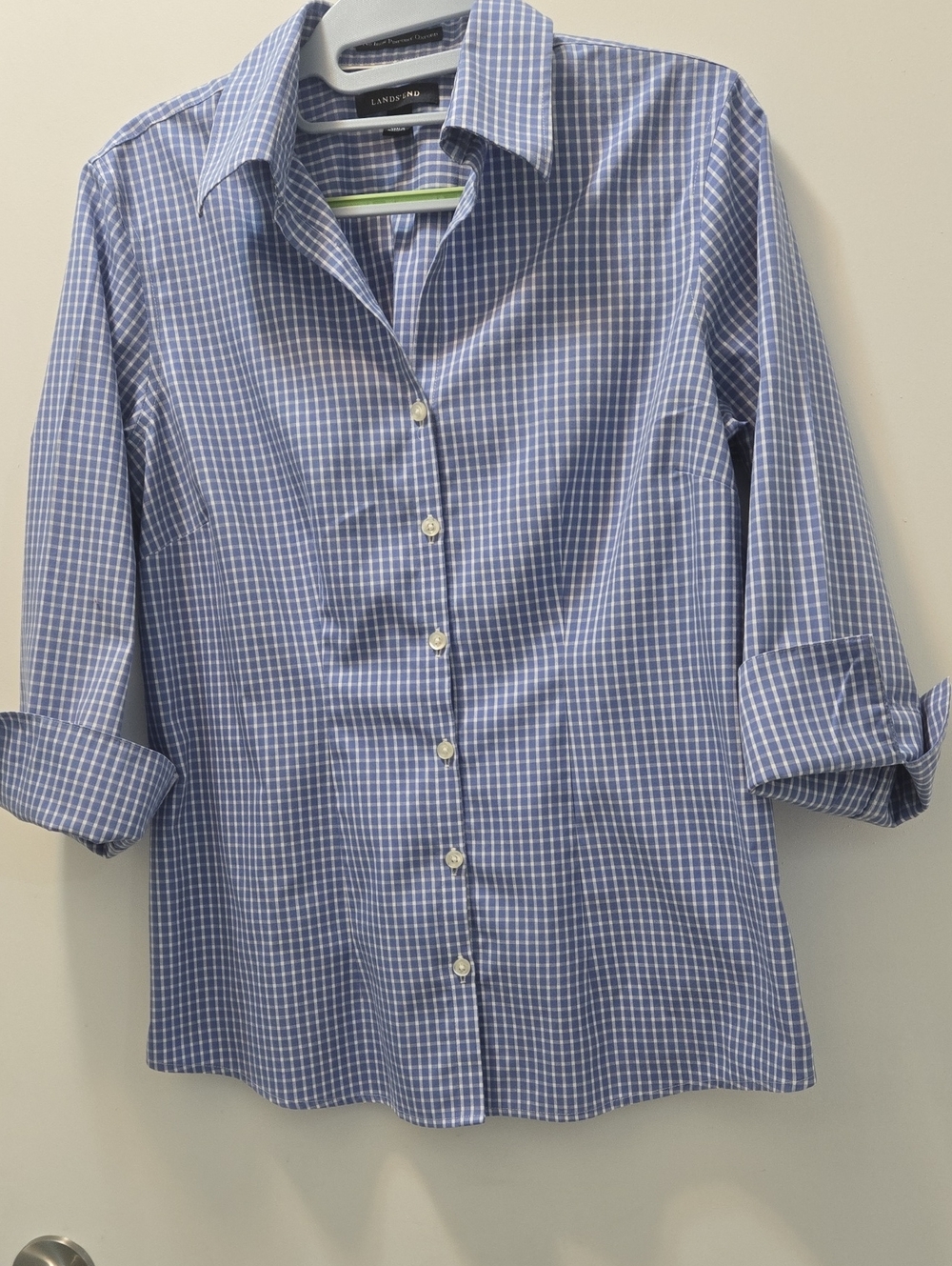 Lands' End Blue and White Windowpane Button-Front Blouse